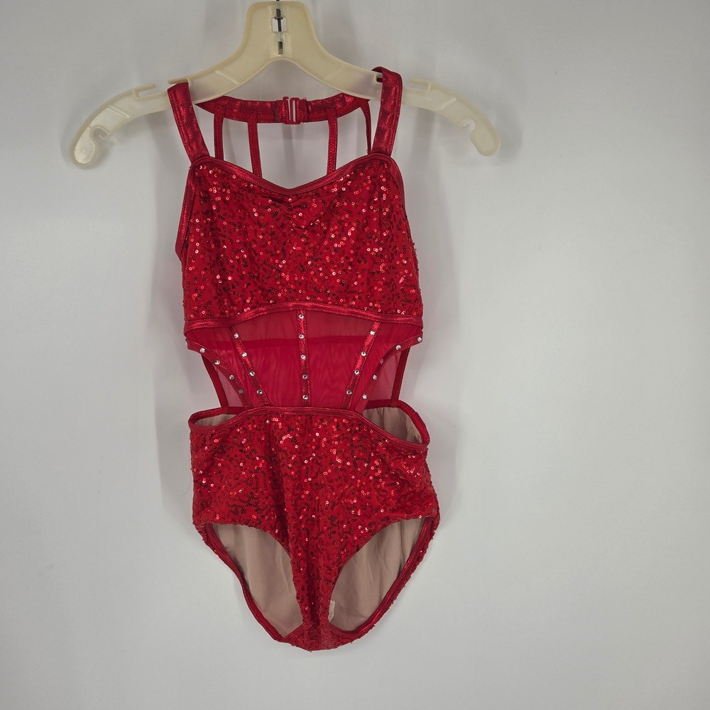 Balera Red Sequin Dance Leotard Mesh Rhinestone Cage Back Girls Large LC